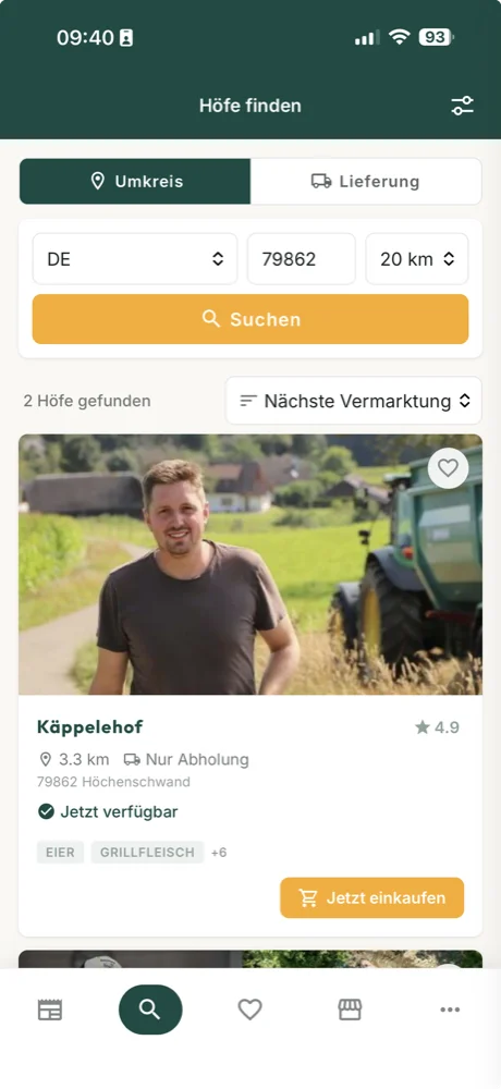 Bauerndiele-App: Höfe im Umkreis finden, mit Hofkarte des Käppelehofs und „Jetzt verfügbar“.