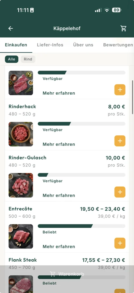Bauerndiele-App: Angebot eines Hofs mit Rinderhack, Gulasch, Entrecôte und Flank Steak, jeweils mit Verfügbarkeit.